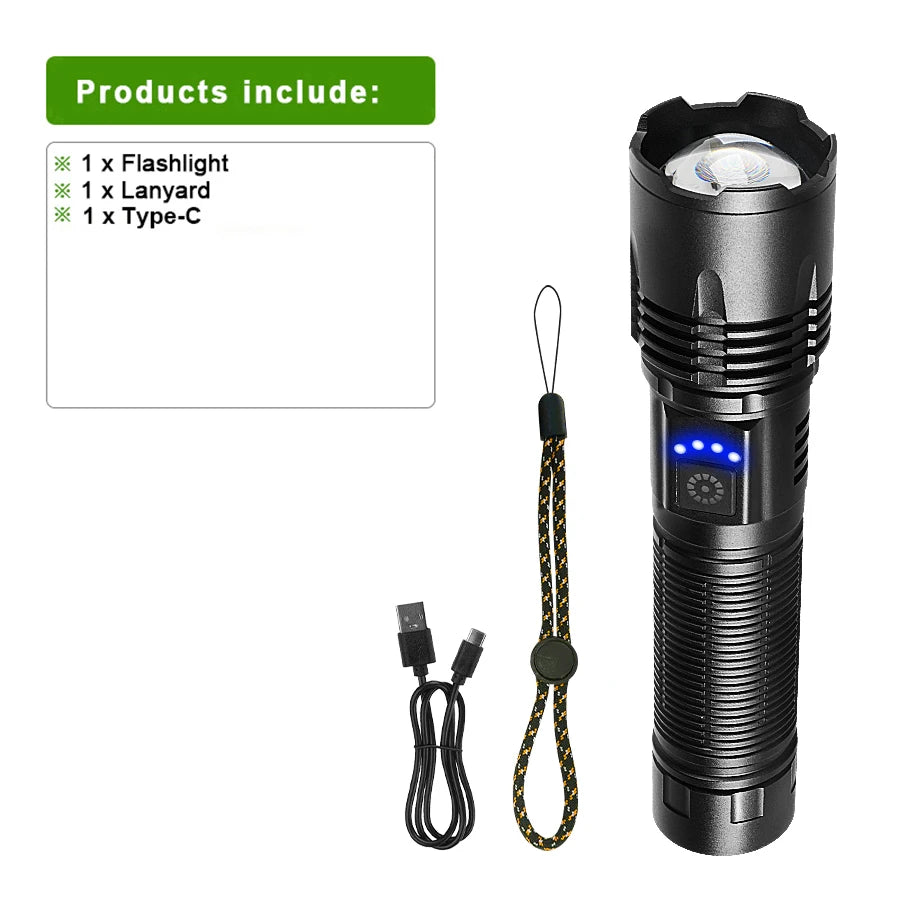 9000000LM LED Strong Light Flashlight Portable Rechargeable Lamp Built-in Battery Long Range Tactical Lantern Outdoor Lights